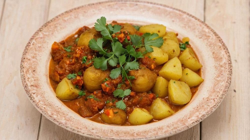 Ароматно къри с треска, печен картоф и пикантен доматен сос