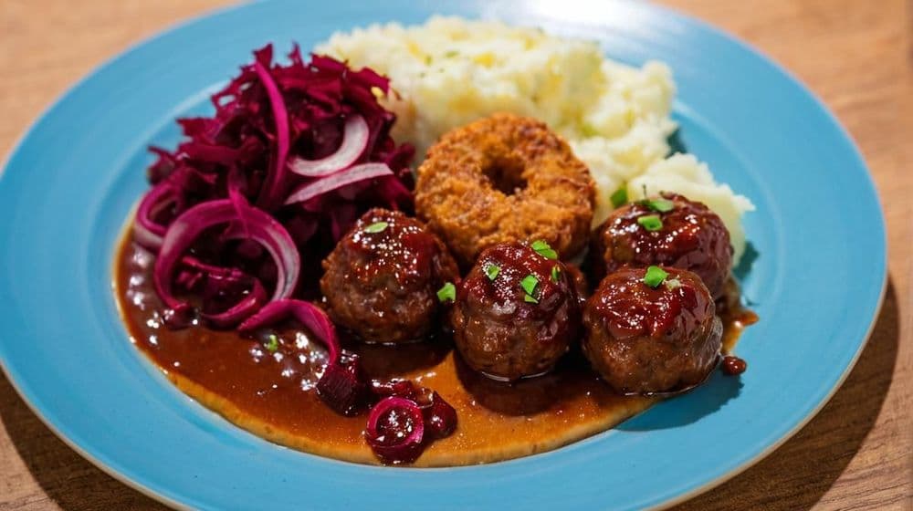 Месни топчета с лимбургски ароматен сос и картофено пюре