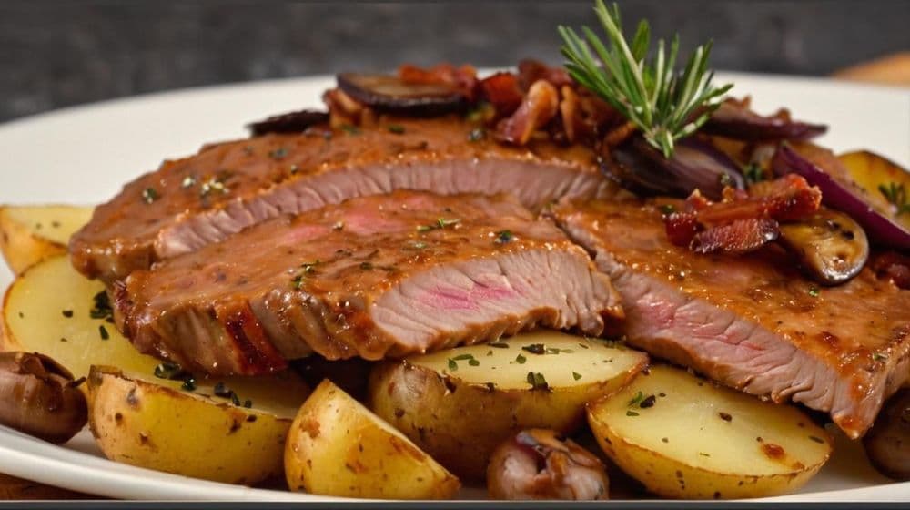 Печени картофки с класически пане шницели и ароматен гъбен сос