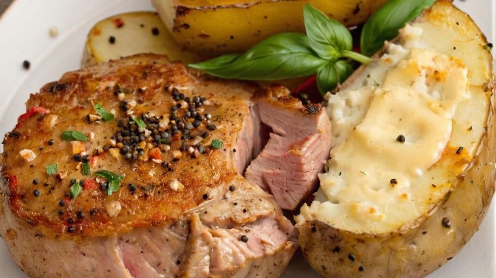 Запечени свински котлети със смесени пълнени картофи