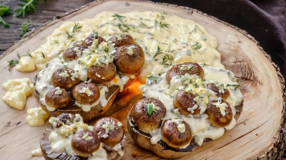 Печени гъби с ароматна плънка от лук и сирене