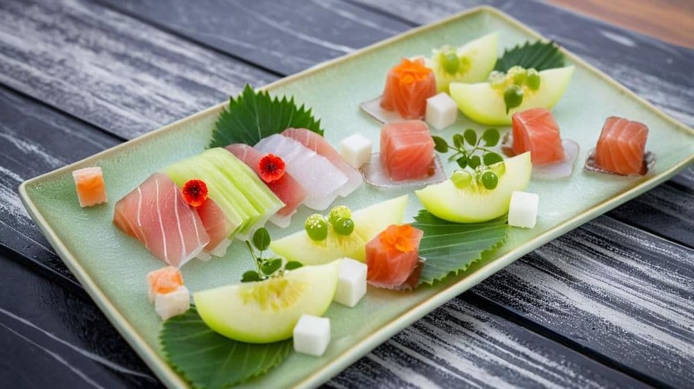 Прясно sashimi с куриран маринован пъпеш и домати