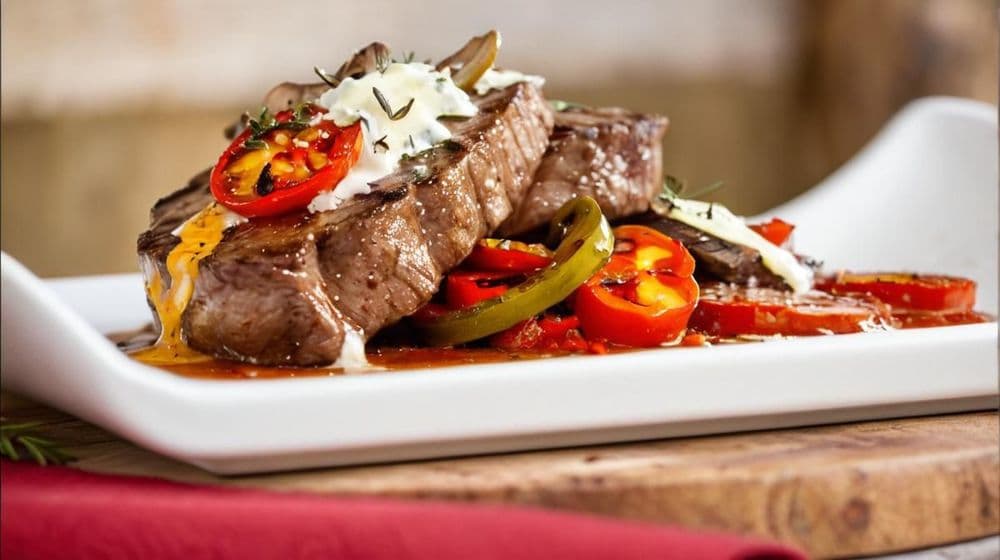 Пържени телешки стекове с пикантен зеленчуков сос